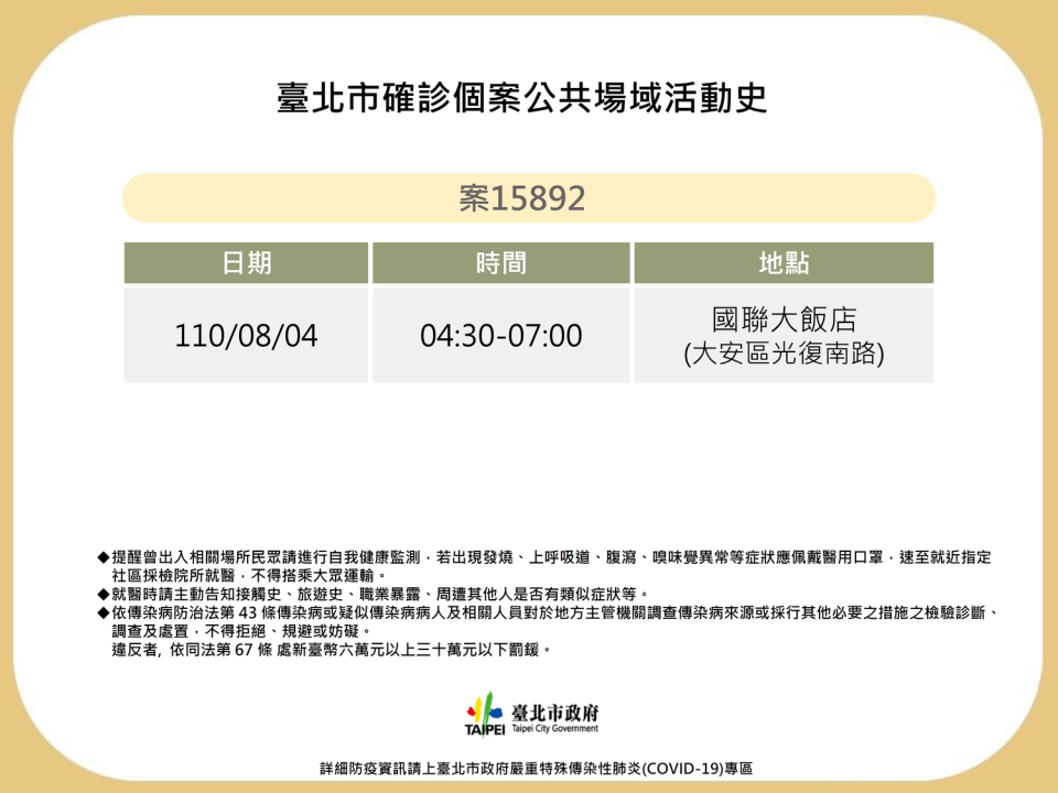 台北市公布個案足跡。   圖：台北市政府 / 提供