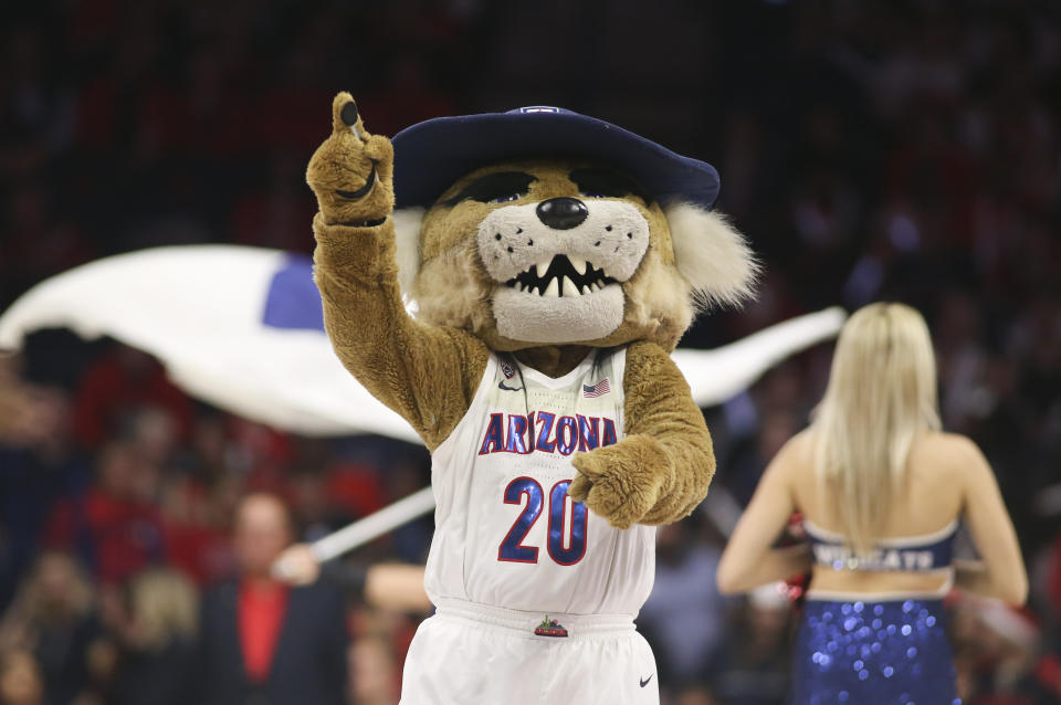 March 5, 2020; Tucson; <a class="link " href="https://sports.yahoo.com/ncaaw/teams/arizona/" data-i13n="sec:content-canvas;subsec:anchor_text;elm:context_link" data-ylk="slk:Arizona Wildcats;sec:content-canvas;subsec:anchor_text;elm:context_link;itc:0">Arizona Wildcats</a> mascot Wilbur T. Wildcat celebrates in the second half during a game against <a class="link " href="https://sports.yahoo.com/ncaaw/teams/washington-st/" data-i13n="sec:content-canvas;subsec:anchor_text;elm:context_link" data-ylk="slk:Washington State Cougars;sec:content-canvas;subsec:anchor_text;elm:context_link;itc:0">Washington State Cougars</a> at McKale Center. Jacob Snow-USA TODAY Sports