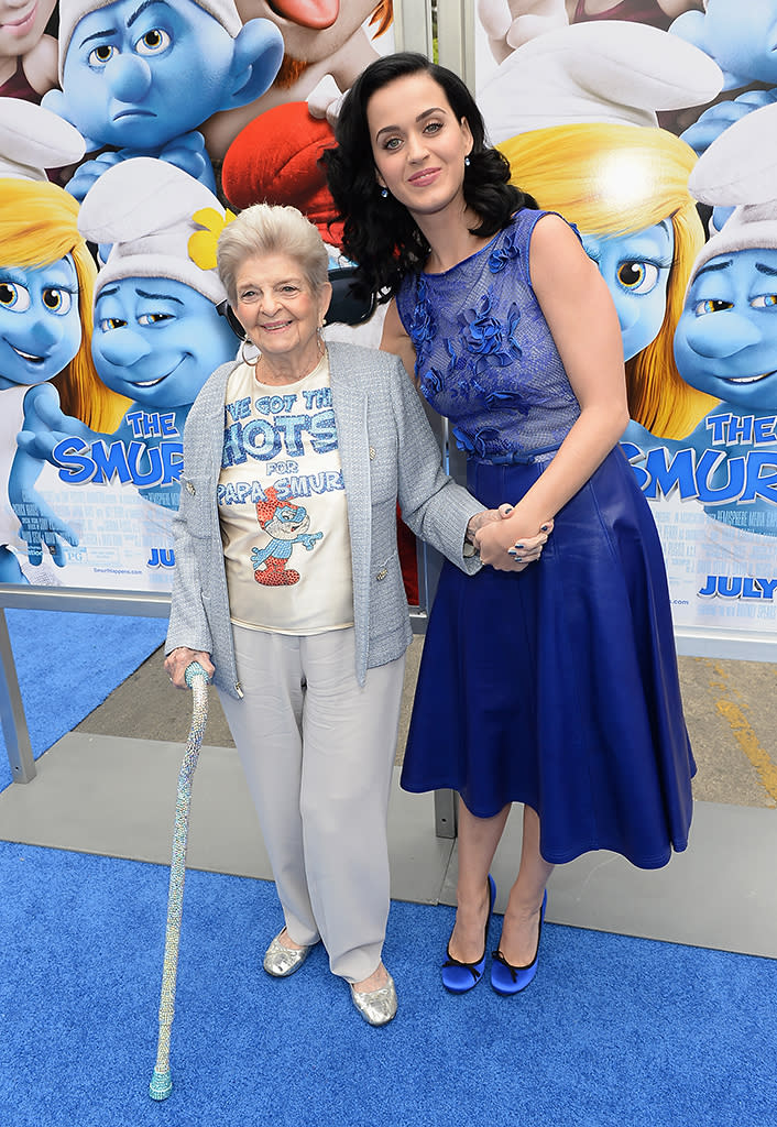 Katy Perry and grandmother Ann Hudson attends the Los Angeles premiere of "The Smurfs 2" at Regency Village Theatre on July 28, 2013 in Los Angeles, California.