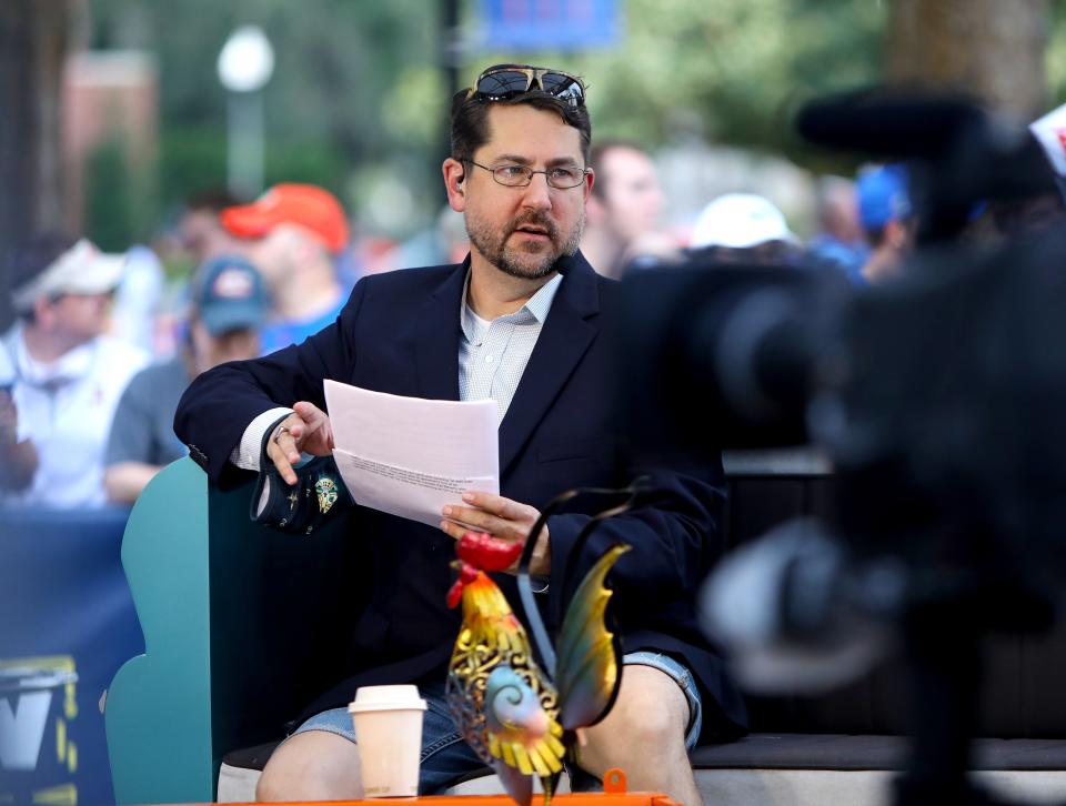 Ryan McGee during the filming of the Marty & McGee Show before the filming of the SEC Nation college football show, at the Plaza of the Americas on the University of Florida campus, in Gainesville, Fla. Sept. 18, 2021.