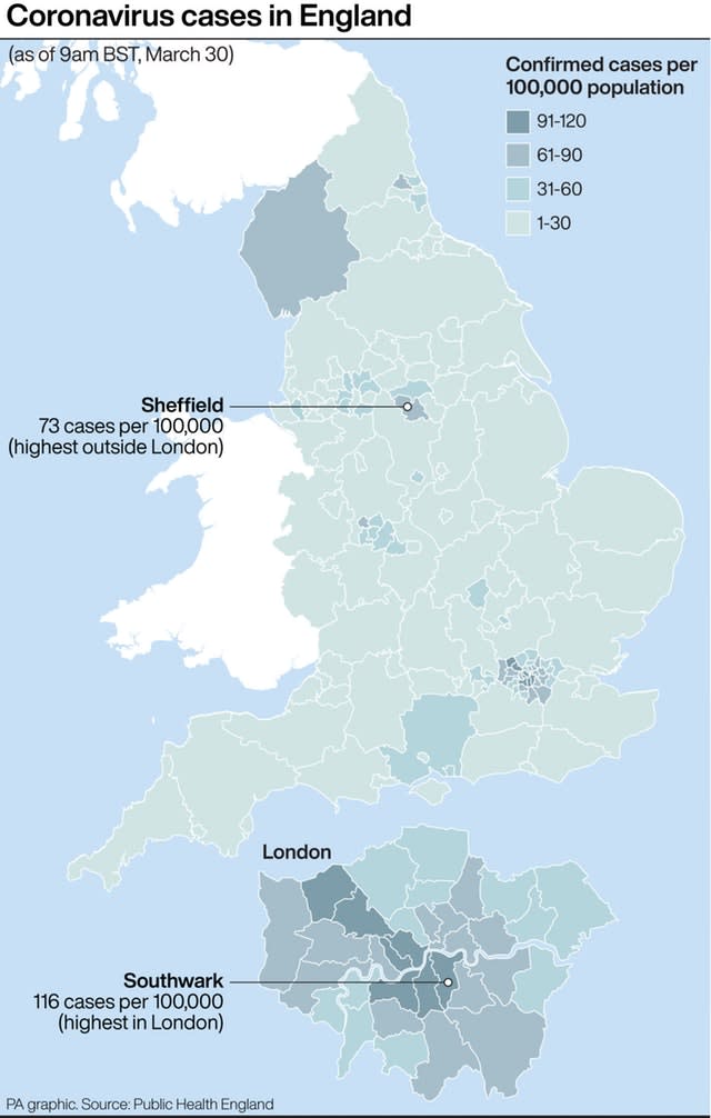 Coronavirus cases in England 