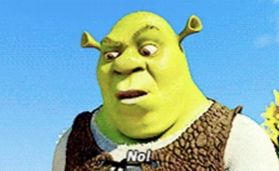 Shrek animated character saying "No!" with a surprised expression against a blue sky background