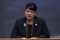 FILE—Navajo Presidential candidate Leslie Tsosie speaks during a Presidential Forum at Arizona State University, Thursday, July 14, 2022, in Phoenix. Tsosie is among 15 candidates seeking the top leadership post on the largest Native American reservation in the U.S (AP Photo/Matt York, File)