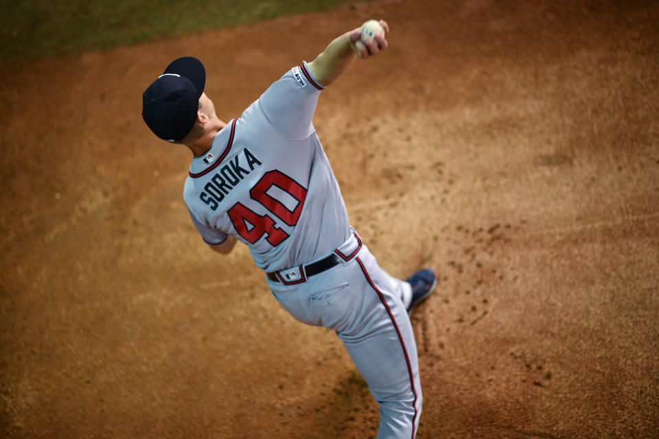 MIAMI, FL - AUGUST 10: Mike Soroka #40 of the Atlanta Braves warms up in the bullpen before the game against the Miami Marlins at Marlins Park on August 10, 2019 in Miami, Florida. (Photo by Mark Brown/Getty Images)