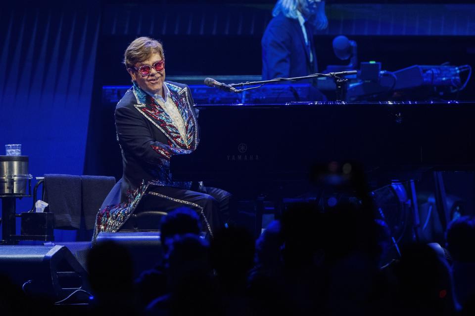 Elton John performs at the final leg of his 'Farewell Yellow Brick Road' tour in Stockholm, Saturday, July 8, 2023. (AP Photo/Caisa Rasmussen)