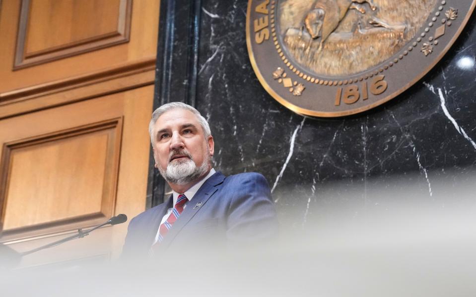 Gov. Eric Holcomb speaks on Tuesday, Jan. 9, 2024, during the State of the State address at the Indiana Statehouse in Indianapolis.