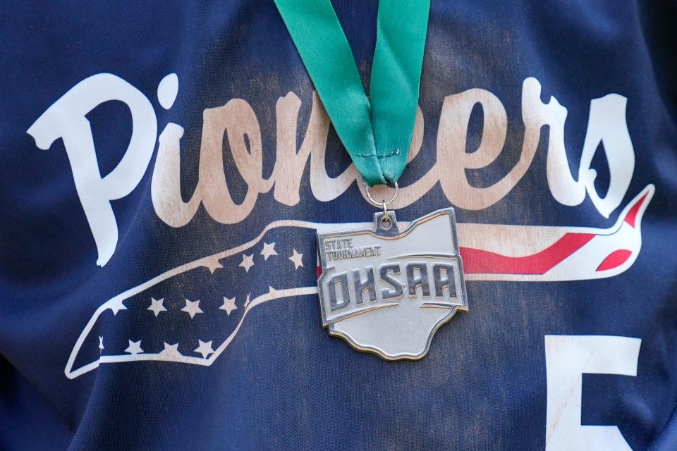 A runner-up medal hangs on Charlie Scholvin’s jersey after Olentangy Orange's 4-1 loss to Cincinnati Moeller in the Division I state final.