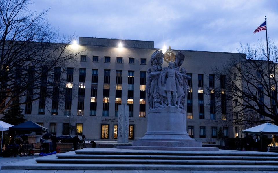 The E. Barrett Prettyman United States Courthouse at dawn before the arrival of former US President Donald J. Trump