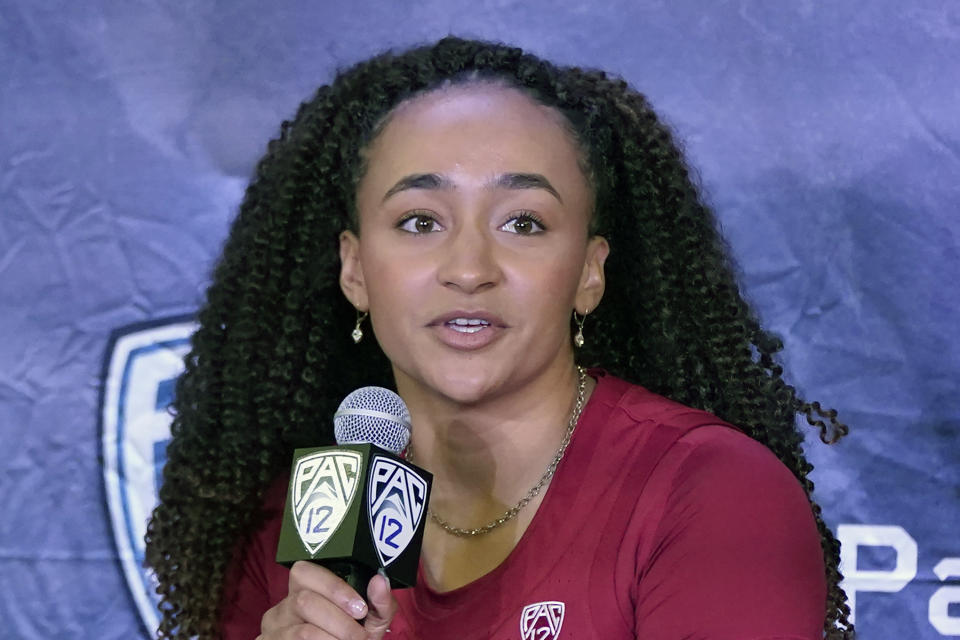 FILE - Stanford's Haley Jones speaks during Pac-12 Conference NCAA college basketball media day Tuesday, Oct. 12, 2021, in San Francisco. Jones was named to the women's Associated Press preseason All-America team, Tuesday, Oct. 25, 2022. (AP Photo/Jeff Chiu, File)