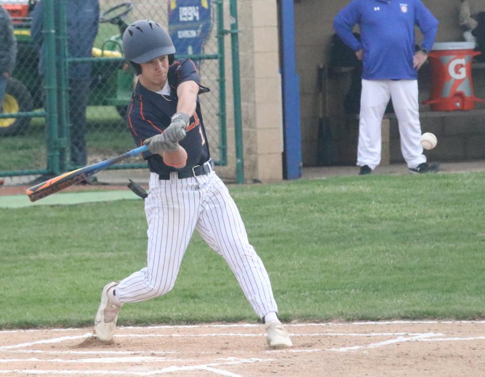 Galion's Braxton Prosser rips a single to start the game in a 4-3 loss to Ontario in extra innings Tuesday night.