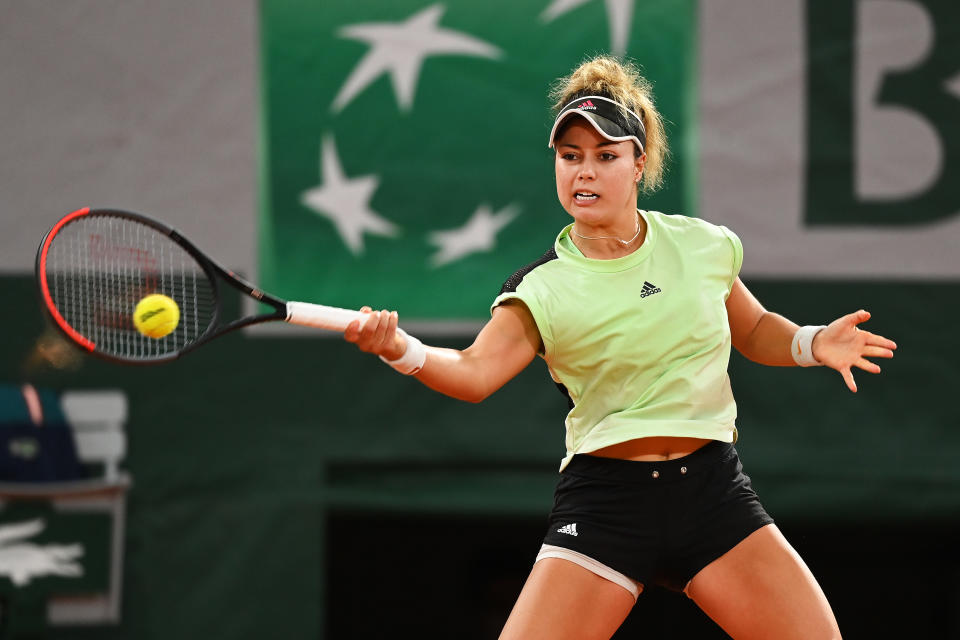 PARIS, FRANCE - SEPTEMBER 30: Renata Zarazua of Mexico plays a forehand during her Women's Singles second round match against Elina Svitolina of Ukraine on day four of the 2020 French Open at Roland Garros on September 30, 2020 in Paris, France. (Photo by Shaun Botterill/Getty Images)