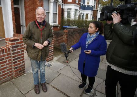 Former London Mayor Ken Livingstone speaks to members of the media as he leaves his home in London, Britain April 29, 2016. REUTERS/Peter Nicholls