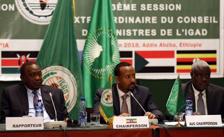 Kenya's President Uhuru Kenyatta (L) and Ethiopia's Prime Minister Abiy Ahmed (C) and Africa Union (AU), Chairperson, Moussa Faki attend the Intergovernmental Authority on Development (IGAD) extraordinary summit for South Sudan negotiations in Addis Ababa, Ethiopia June 21, 2018. REUTERS/Tiksa Negeri