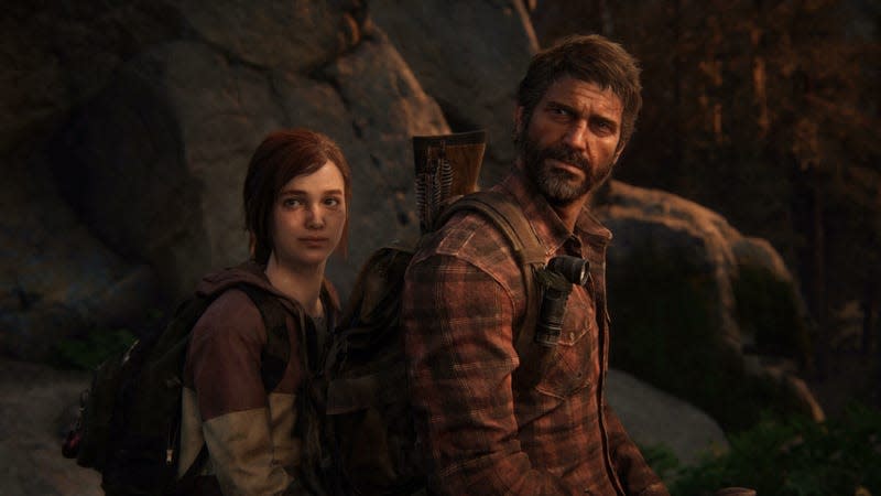 Joel and Ellie are seen sitting on horseback looking at something off-camera.