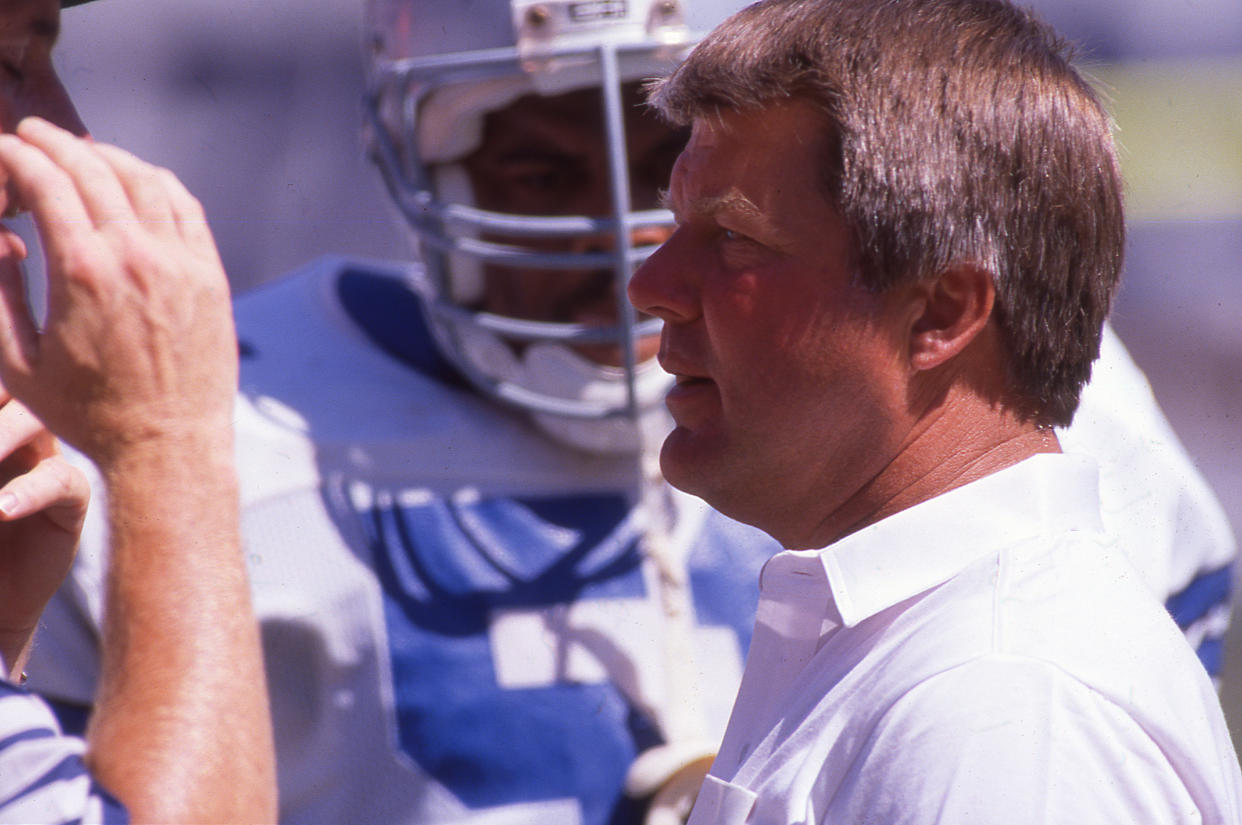 ANAHEIM, CA: Jimmy Johnson head coach of the Dallas Cowboys circa 1989 against the Los Angeles Rams at Anaheim Stadium in Anaheim, California.  (Photo by Owen C. Shaw/Getty Images)