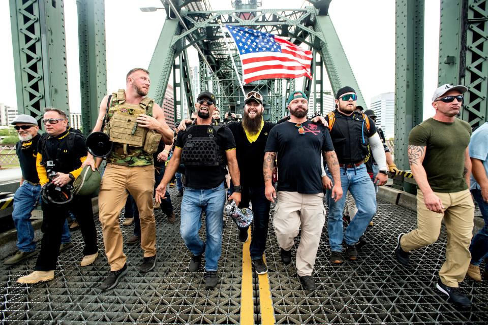 Members of the Proud Boys and other right-wing demonstrators on Aug. 17, 2019, in Portland, Oregon.