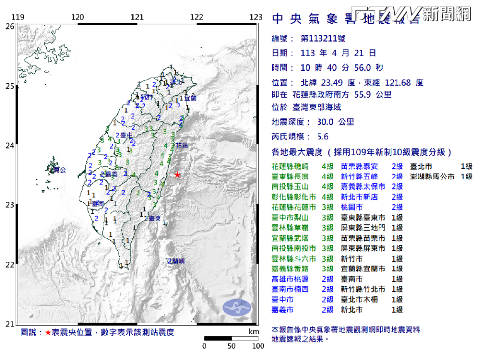 上午10點40分，台灣東部海域發生芮氏規模5.6地震，震央位於花蓮縣政府南方55.9公里處，地震深度30公里。