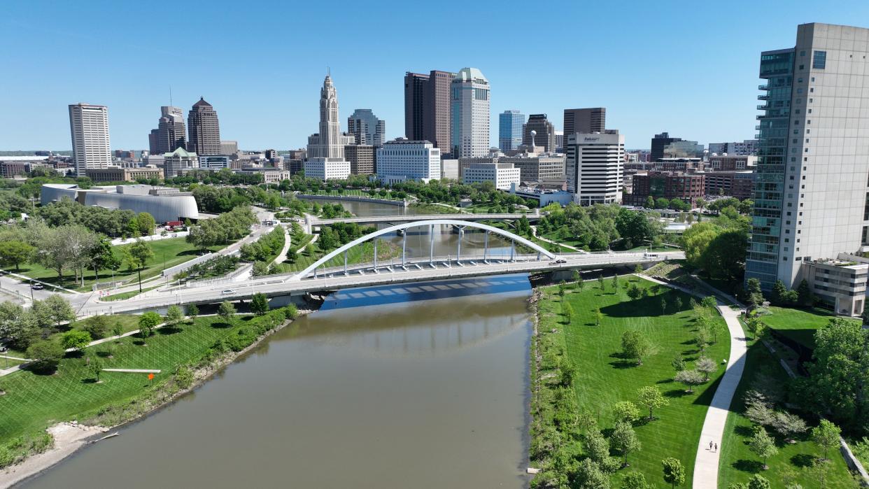 May 2, 2024; Columbus, Ohio, USA; The downtown Columbus skyline looking north over the Scioto River.