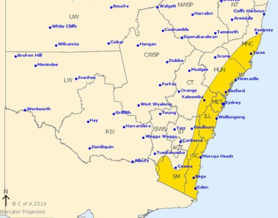 A weather warning is extending up the coast of NSW. Source: BoM