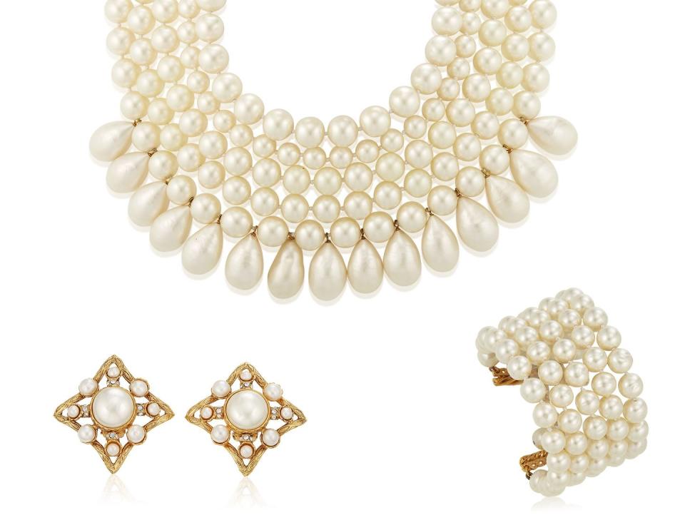 Chanel Faux Pearl Necklace, Earrings, and Bracelet