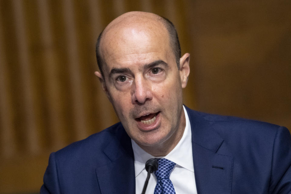 Labor Secretary Eugene Scalia testifies during a Senate Finance Committee hearing on "COVID-19/Unemployment Insurance" on Capitol Hill in Washington on Tuesday, June 9, 2020. (Caroline Brehman/CQ Roll Call/Pool via AP)