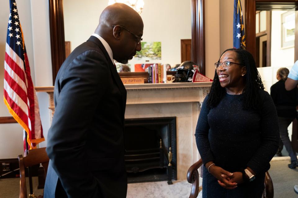 Supreme Court nominee Judge Ketanji Brown Jackson meets with Sen/ Raphael Warnock, D-Ga., on Capitol Hill, Wednesday, March 16, 2022, in Washington.