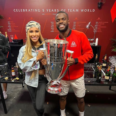 <p>Ayan Broomfield Instagram</p> Ayan Broomfield and Frances Tiafoe at the 2022 Laver Cup
