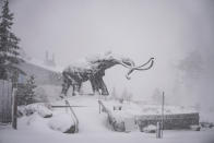 In this photo provided by Mammoth Mountain Ski Area, snow falls on Mammoth Mountain, Monday, Oct. 25, 2021, in Mammoth Lakes, Calif. (Christian Pondella/Mammoth Mountain Ski Area via AP)