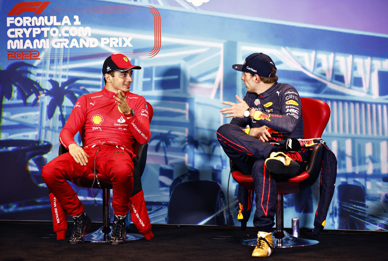 Race winner Max Verstappen of the Netherlands and Oracle Red Bull Racing and second placed Charles Leclerc of Monaco and Ferrari talk in the press conference after the F1 Grand Prix of Miami  on May 8, 2022. (Jared C. Tilton / Getty Images file)