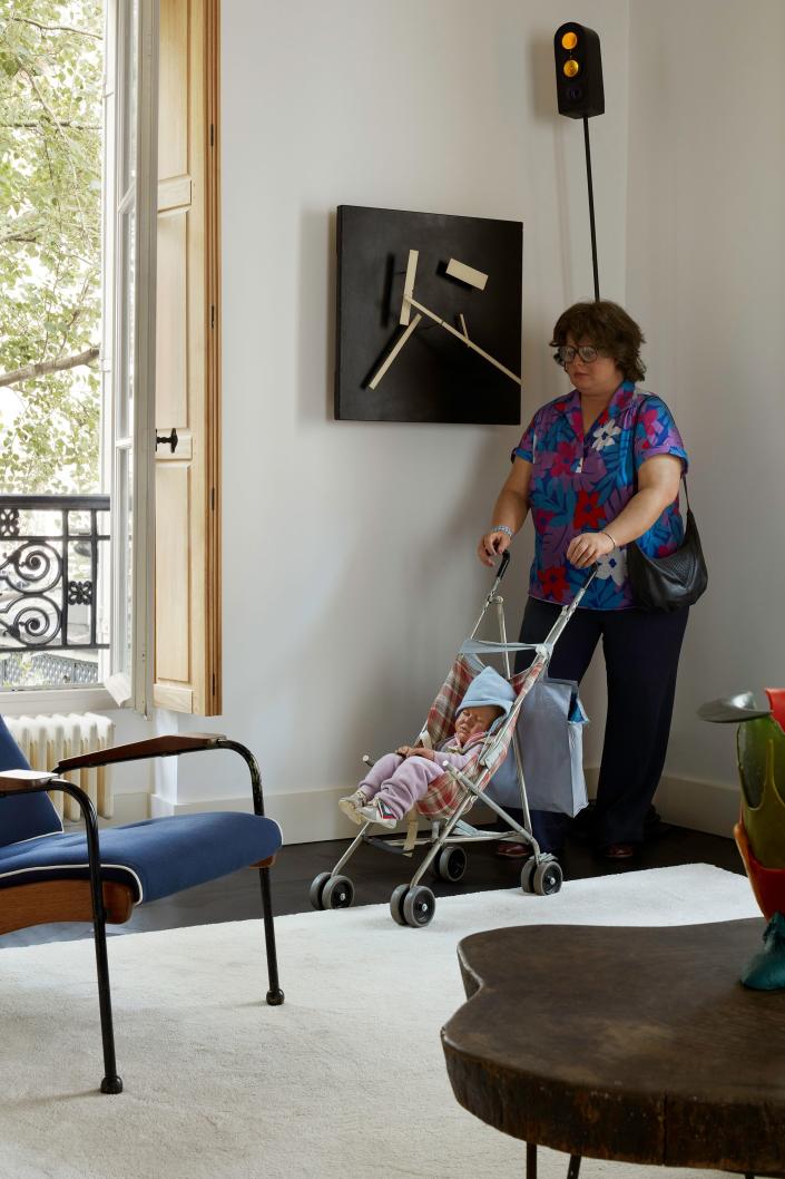 Another view of the second living room, with works by Jean Prouv&#xE9;, Jean Tinguely, Takis, and Duane Hanson.