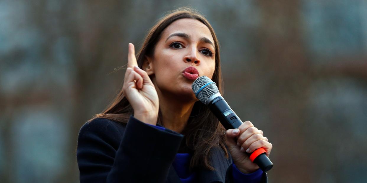 FILE - In this March 8, 2020, file photo Rep. Alexandria Ocasio-Cortez, D-NY., speaks at a campaign rally for then-Democratic presidential candidate Sen. Bernie Sanders, I-Vt., at the University of Michigan in Ann Arbor, Mich. (AP Photo/Paul Sancya, File)