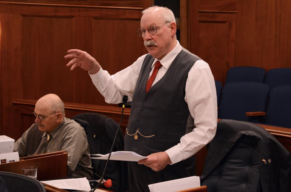 Sen. Bert Stedman, R-Sitka, speaks on the floor of the Alaska Senate, Wednesday, May 1, 2024. (Photo by James Brooks/Alaska Beacon)