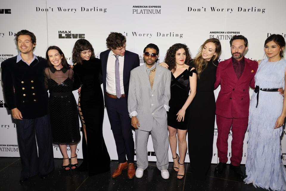 Harry Styles, Katie Silberman, Sydney Chandler, Douglas Smith, Asif Ali, Kate Berlant, Olivia Wilde, Nick Kroll and Gemma Chan attend the "Don't Worry Darling" photo call at AMC Lincoln Square Theater on September 19, 2022 in New York City.