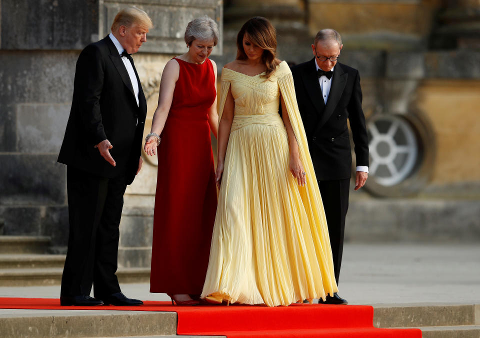 <p>British Prime Minister Theresa May and her husband Philip stand together with President Donald Trump and first lady Melania Trump at the entrance to Blenheim Palace, where they are attending a dinner with specially invited guests and business leaders, near Oxford, Britain, July 12, 2018. (Photo: Peter Nicholls/Reuters) </p>