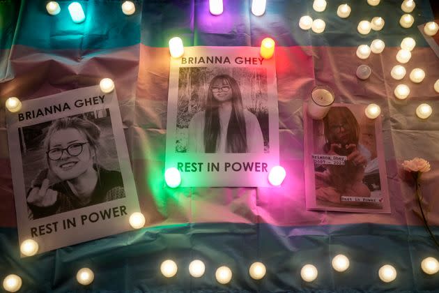 Pictures of 16-year-old Brianna Ghey with the message 'REST IN POWER' are displayed surrounded by candles during a candlelit vigil in her memory in Liverpool.