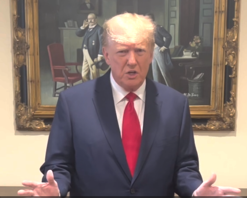 Donald Trump released a pre-taped video statement, while standing in front of a painting of Theodore Roosevelt, minutes after breaking news of his own indictment. (Truth Social)