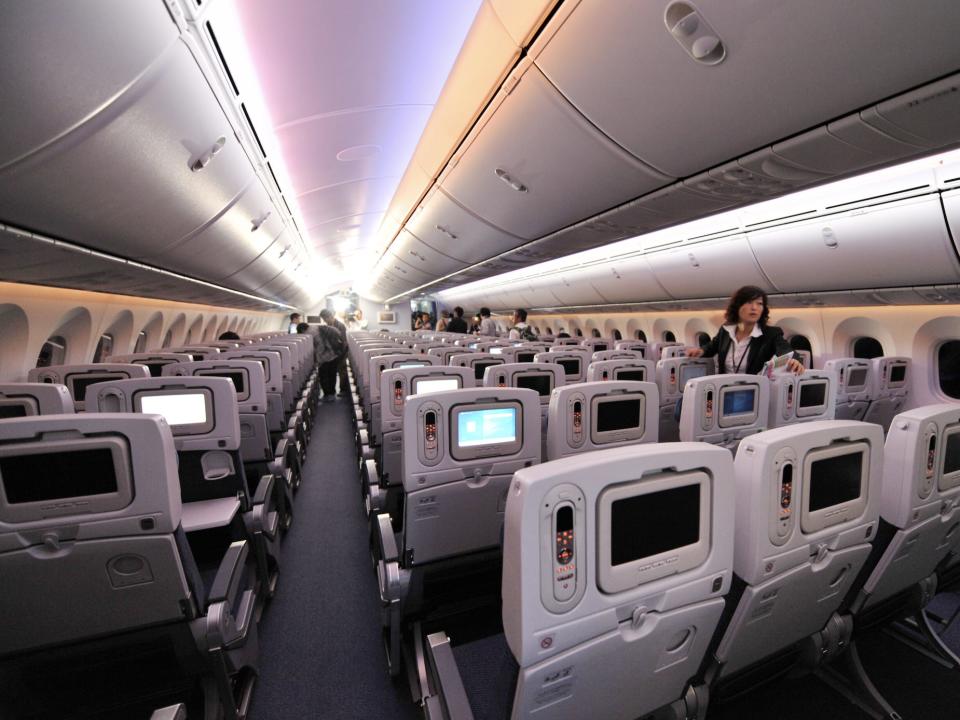 The economy section of ANA's first Boeing 787 Dreamliner during a 2011 media tour.