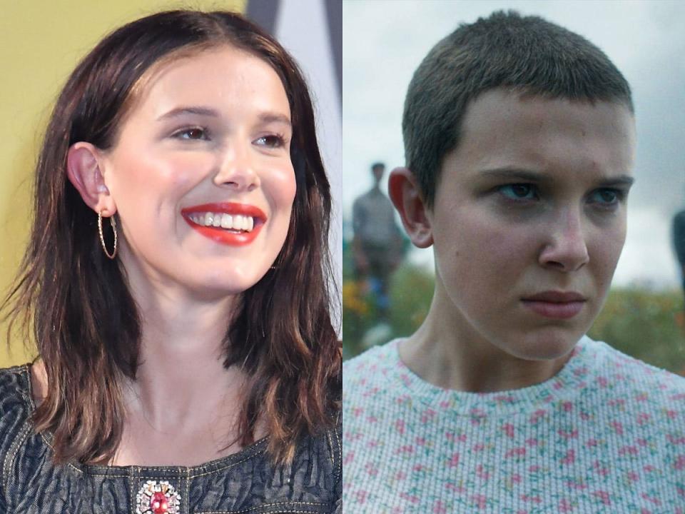 Millie Bobby Brown at the celebrity talk event at Osaka Comic Con 2023 on May 6, 2023, and as Eleven in Netflix's "Stranger Things."