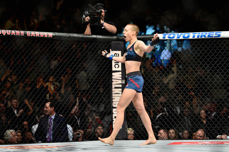 Rose Namajunas celebrates her stoppage of Joanna Jędrzejczyk at Madison Square Garden in New York that carried her to the UFC women’s strawweight title. (Getty Images)
