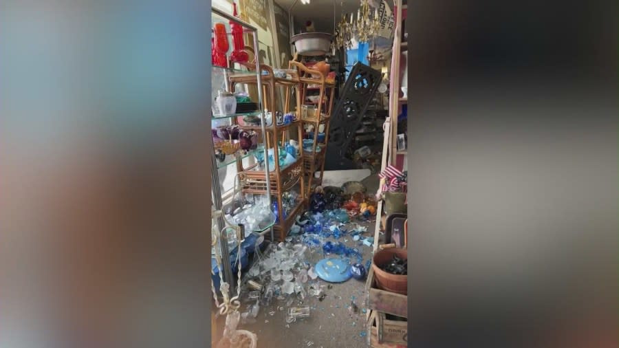 The damage done to Emily Yep’s antique store in Long Beach after a vehicle crashed into her business for a third time in the past eight months. Yep shared her story with KTLA on May 3, 2024. (KTLA)