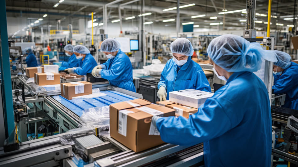 A factory line of workers working together to assemble protective packaging solutions.