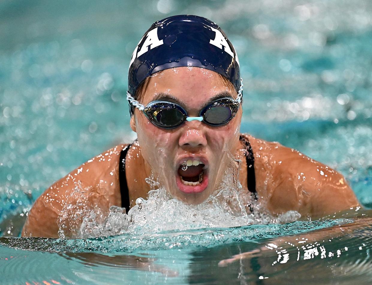 AMSA'S Jada Guo does the breaststroke during her 200 yard individual medley during a Mid-Wach League swim meet at Tantasqua Regional High School in Sturbridge, Feb. 3, 2022.  