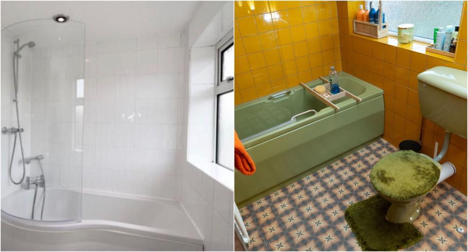 A before and after picture that shows a white modern bathroom on the left and a mustard and avocado 1970s-style bathroom on the right. (SWNS)
