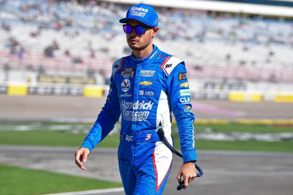 Oct 14, 2023; Las Vegas, Nevada, USA; NASCAR Cup Series driver Kyle Larson (5) during qualifying for the South Point 400 at Las Vegas Motor Speedway.