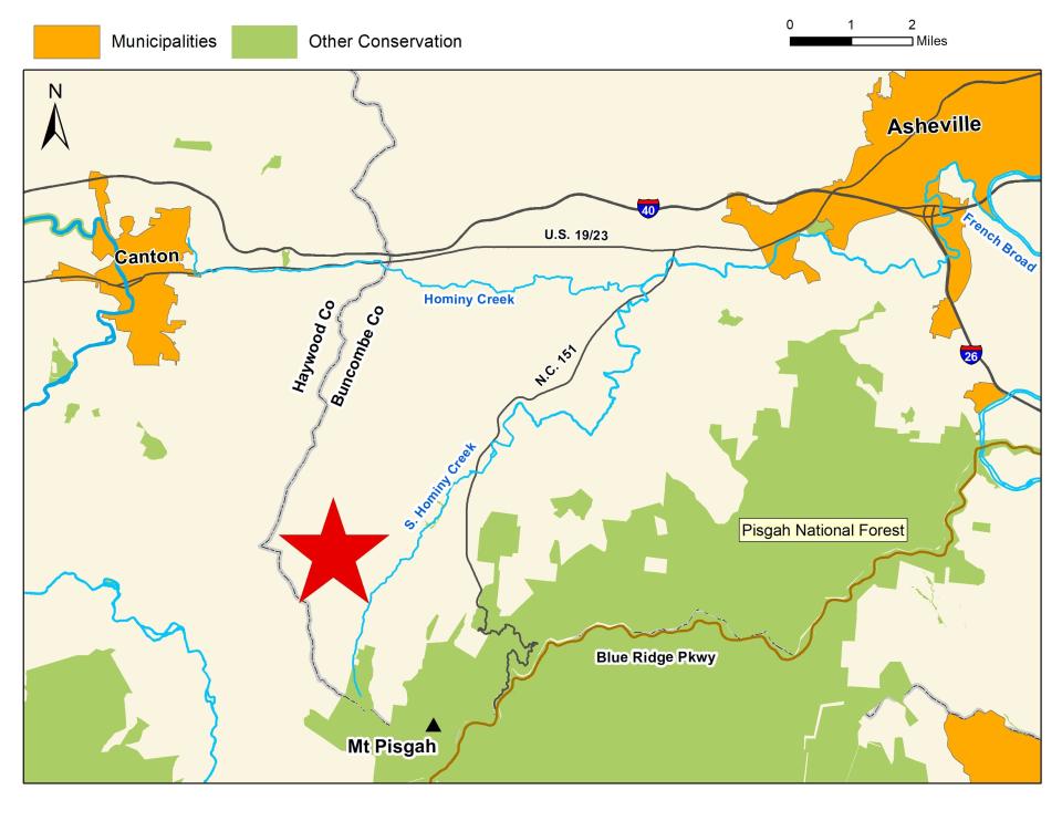 Pisgah View State Park, marked by the red star, sits on the border of Haywood and Southwest Buncombe counties.