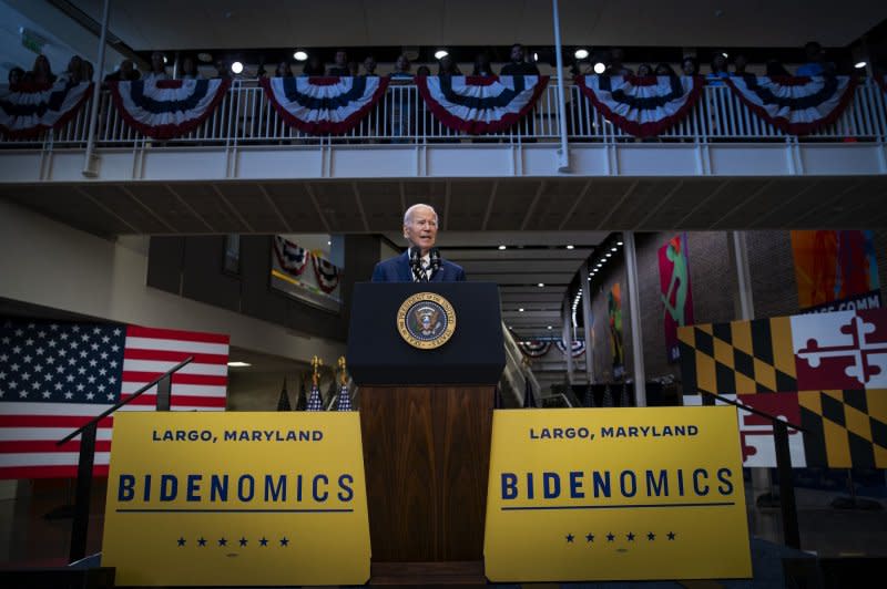 President Joe Biden speaks during an event on Bidenomics at Prince George's Community College, Largo, Maryland, on Thursday. The economy remains a vulnerability for Biden in polls despite positive economic data in recent months, as recent data on a manufacturing boom, job gains, strong gross domestic product growth and easing inflation fail to resonate with voters. Photo by Al Drago/UPI