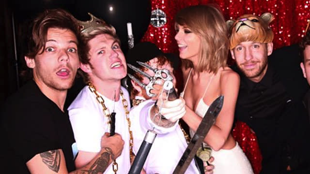 We’ve already seen <strong>Taylor Swift</strong> and <strong>Calvin Harris</strong>’ first kiss caught on camera (or maybe we didn’t, it’s hard to tell) at an after-party for the 2015 Taylor Swift Awards -- er, we mean Billboard Music Awards. But there’s a different picture we need to talk about ASAP. Taylor, Calvin, and half of the <strong>One Direction</strong> boys. In the same picture. <strong> NEWS: Taylor Swift just landed the No. 1 spot on Maxim’s 2015 Hot List</strong> The picture was tweeted out by Taylor’s brother, <strong>Austin Swift</strong> (who celebrated graduating from Notre Dame by partying in Vegas with all his sister’s famous friend. NBD.), and Taylor retweeted it: Last night was a wild ride #DoneWithCollege pic.twitter.com/rOVCi7SwzL— Austin Swift (@austinswift7) May 19, 2015 Let’s break this down together: Twitter First of all, looks like there’s no bad blood -- get it? -- between Taylor and at least half of 1D: L <strong>ouis Tomlinson</strong> and <strong>Niall Horan.</strong> <strong>Liam Payne</strong> was also at the party, but apparently didn’t make the photo. Noticeably absent? <strong>Zayn Malik</strong>! Just kidding, he's not in One Direction anymore. <strong>Harry Styles</strong> -- obviously -- who left Vegas right after the BMAs ended. Twitter The exes were cordial to each other as recently as January, when they ran into each other in L.A., but probably best to avoid any of the awkwardness of Taylor and Calvin’s tour de PDA. (Which, sidebar: Awwww! Cute!) http://blame1989.tumblr.com/post/119372895547/more-photobooth-pics Elsewhere in the same circle of friends: <strong>Ed Sheeran</strong>, the co-host of the after party, doesn’t appear to have any lingering beef with Niall, after rumors that Niall ended Ed and his ex-girlfriend <strong>Ellie Goulding</strong>’s relationship (and inspired the cheating anthem “Don’t” in the process). If you’re not up-to-date on your 1D members, Niall is the one kissing Ed. <strong>PHOTOS: Take a look back at all of Taylor Swift's famous ex-boyfriends</strong> Now, here’s where things get more complicated: <strong>Joe Jonas</strong> was there too. As you know, Taylor and Joe dated way back when -- he broke up with her over the phone, or so she says -- and now Joe is rumored to be dating Taylor’s good friend, <strong>Gigi Hadid</strong>, who recently broke up with <strong>Cody Simpson</strong>. Dang, this dating pool is incestuous. Anyway, back to Taylor and Calvin: Check out how cozy the couple got during their first official award show together!