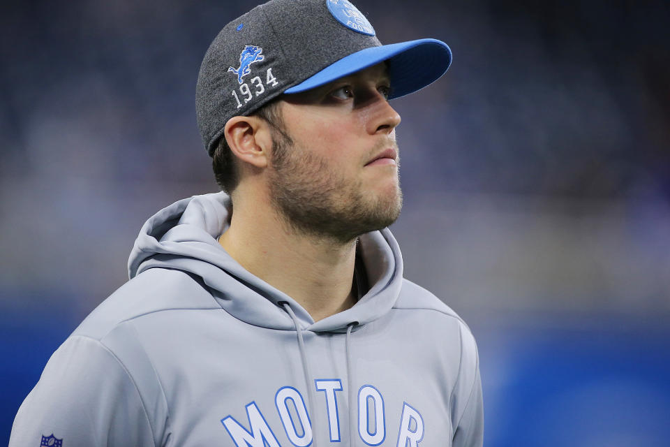 Matthew Stafford's two back surgeries are a concern for the Detroit Lions, but taking a QB high in Round 1 isn't likely. (Photo by Leon Halip/Getty Images)