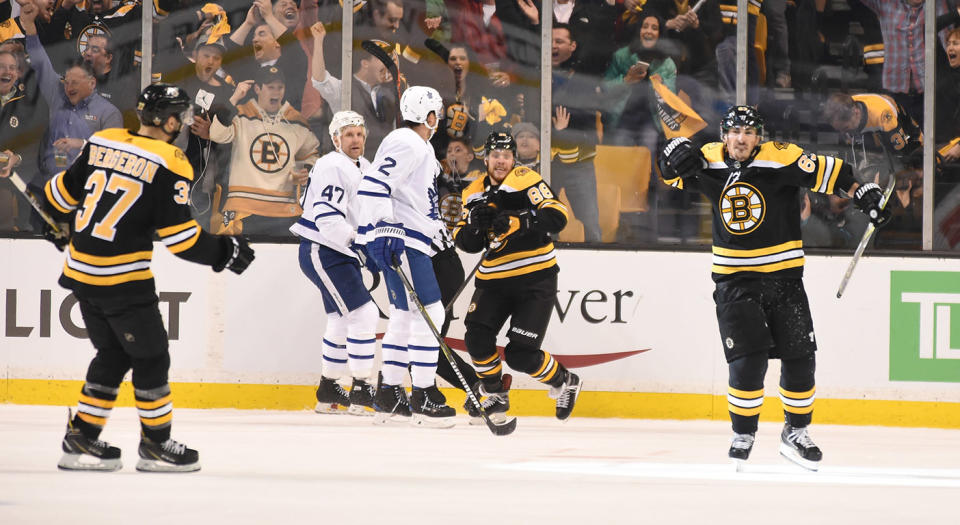 Brad Marchand open the scoring in the Maple Leafs’ highly-anticipated series with the Boston Bruins. (Steve Babineau/NHLI via Getty Images)