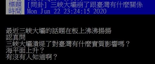 網友提問，三峽大壩潰堤對台灣有何影響？（圖／翻攝自PTT）